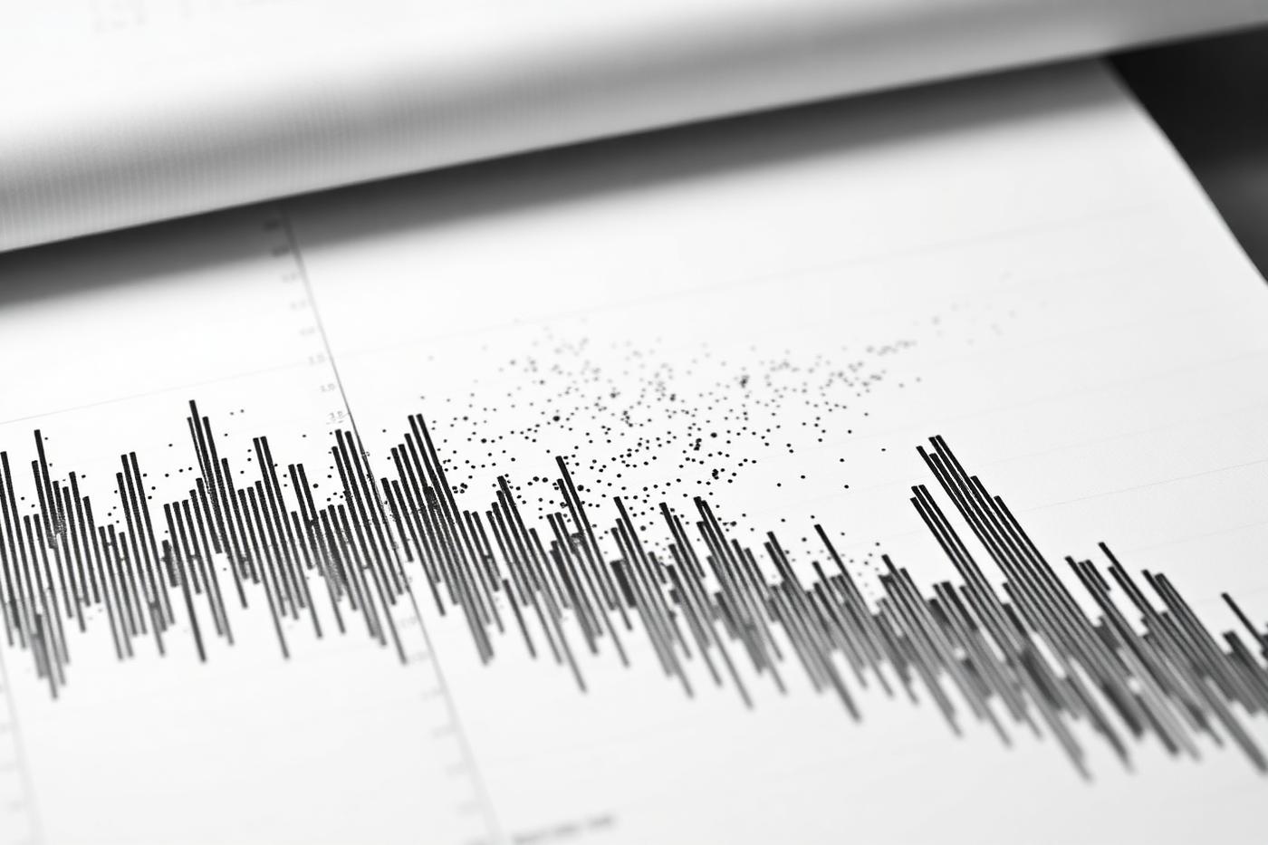 Printed analytical chart with dense bar plots and scatter points representing system metrics