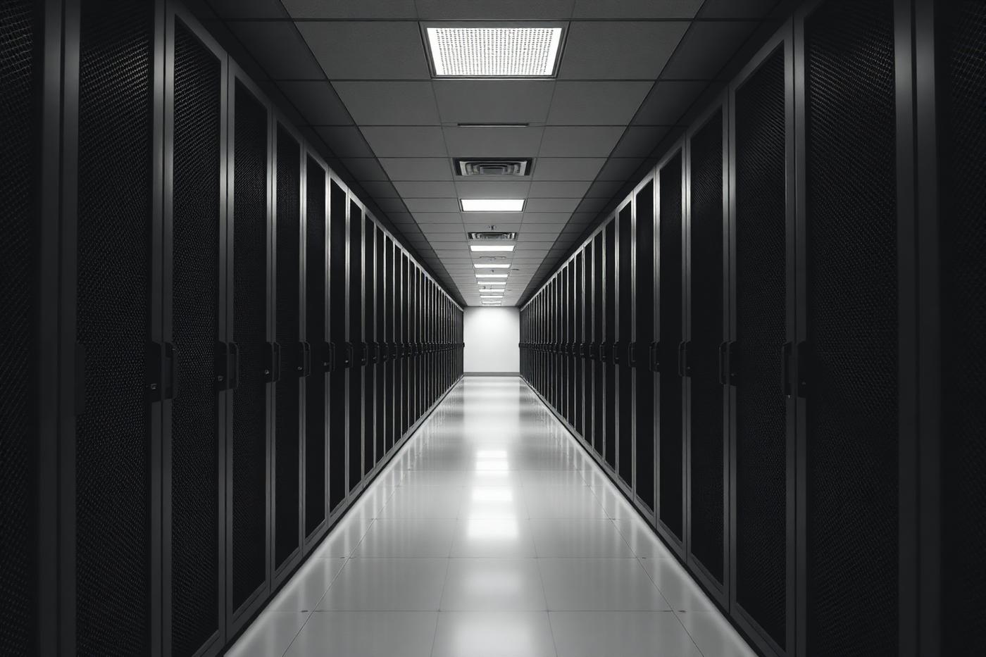 Corridor of server racks in a data centre with reflective flooring