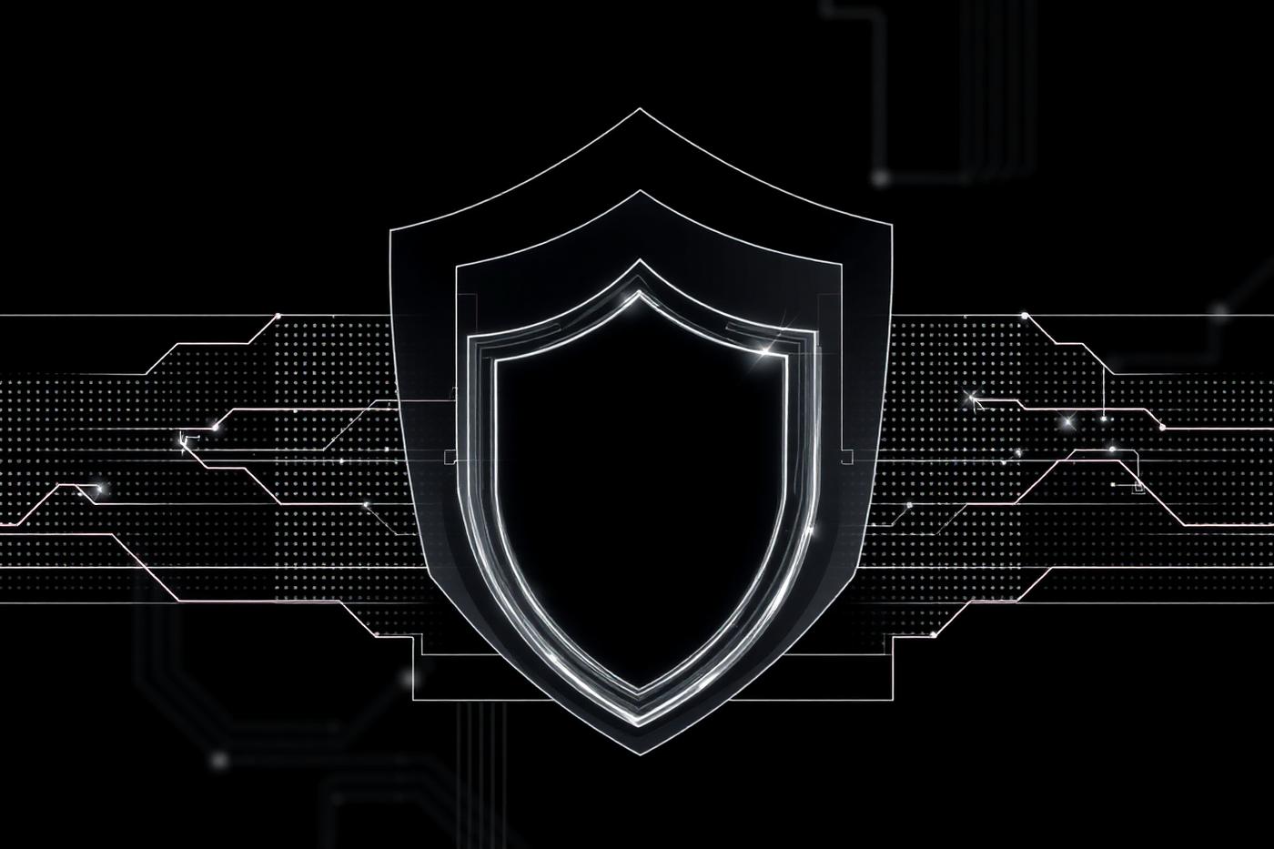 Abstract technical illustration of layered security shields over a circuit-like data field